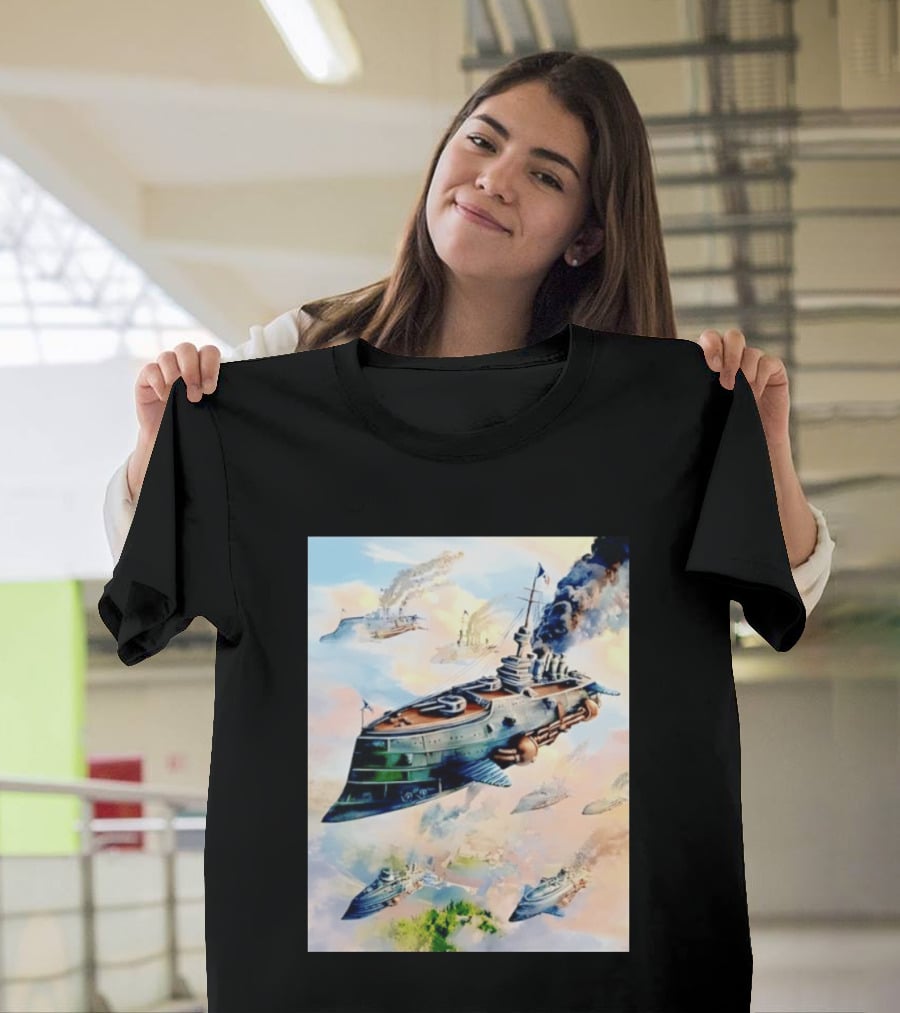 Steampunk Flying Battleship Armada Soaring Through The Clouds T-Shirt