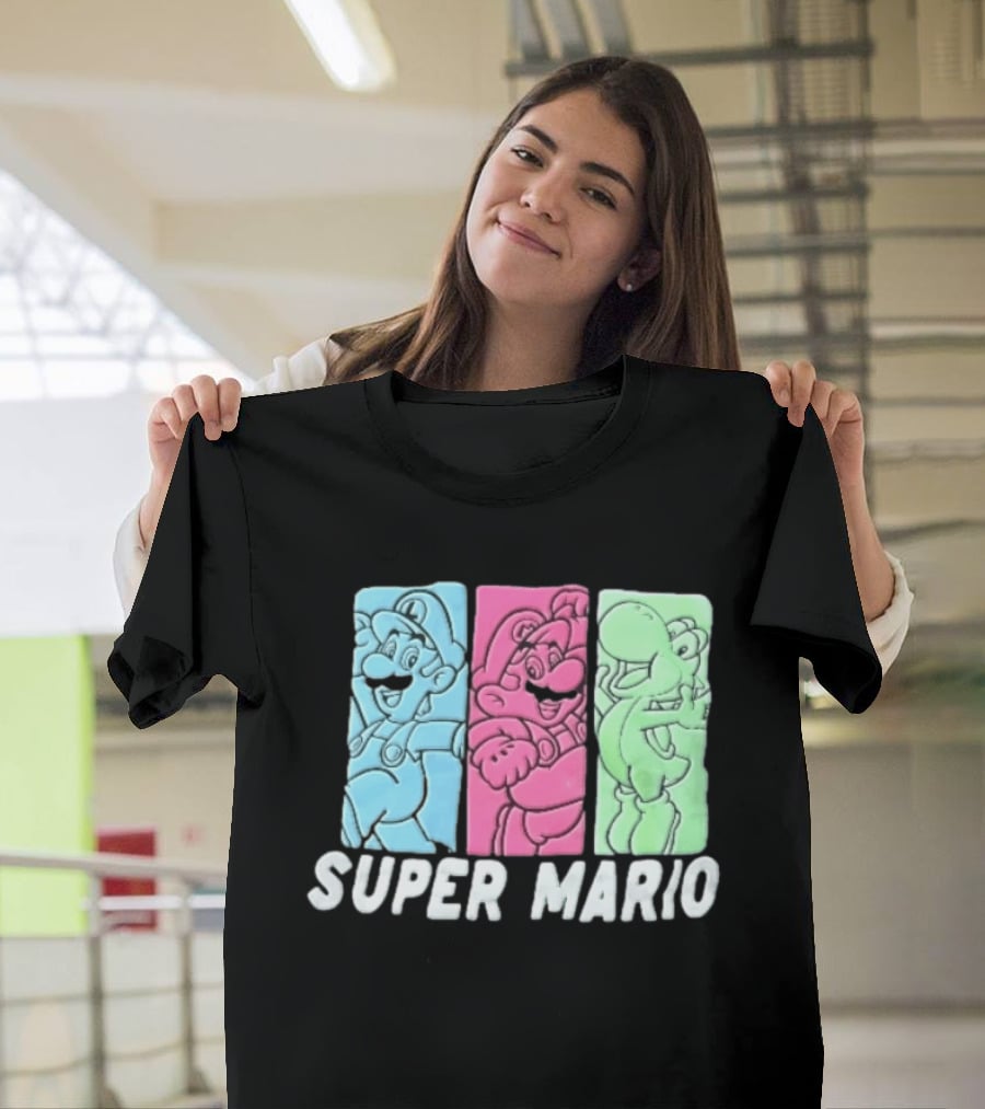 Super Mario Luigi Yoshi Characters Colorful Panels T-Shirt