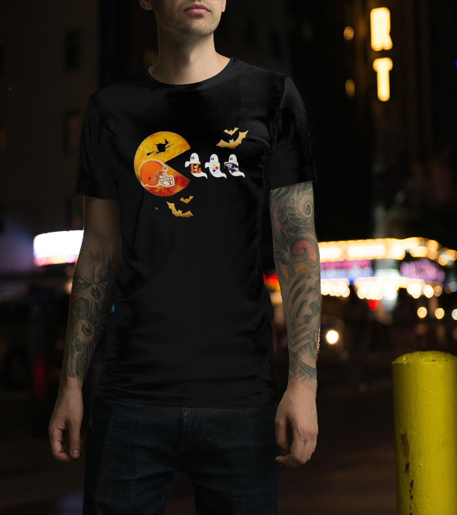 Cleveland Browns Pac Man Vs Bengals Steelers Ravens Halloween Battle T-Shirt