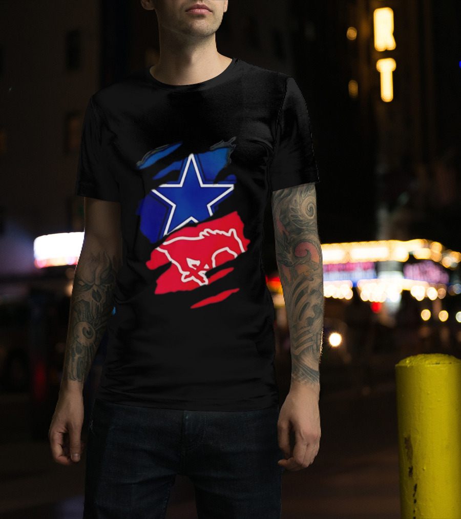 Dallas Cowboys Star And SMU Mustangs Red Ripped Effect T-Shirt