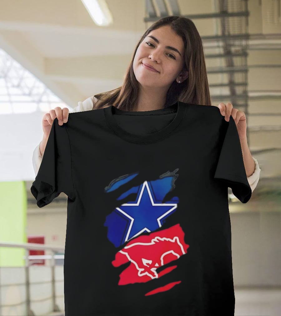 Dallas Cowboys Star And SMU Mustangs Red Ripped Effect T-Shirt