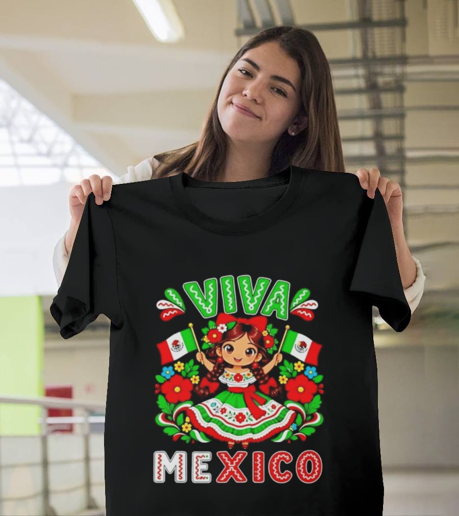 Viva Mexico Traditional Dress Girl With Flags Mexican Celebration T-Shirt