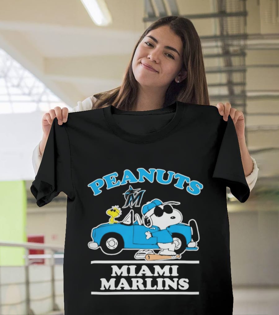 Peanuts Snoopy And Woodstock Miami Marlins Baseball Driving Adventure T-Shirt