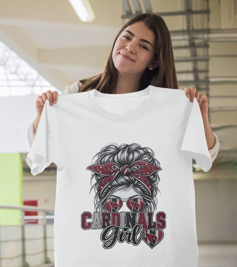 Cardinals Girl Messy Bun Bandana Sunglasses Football T-Shirt