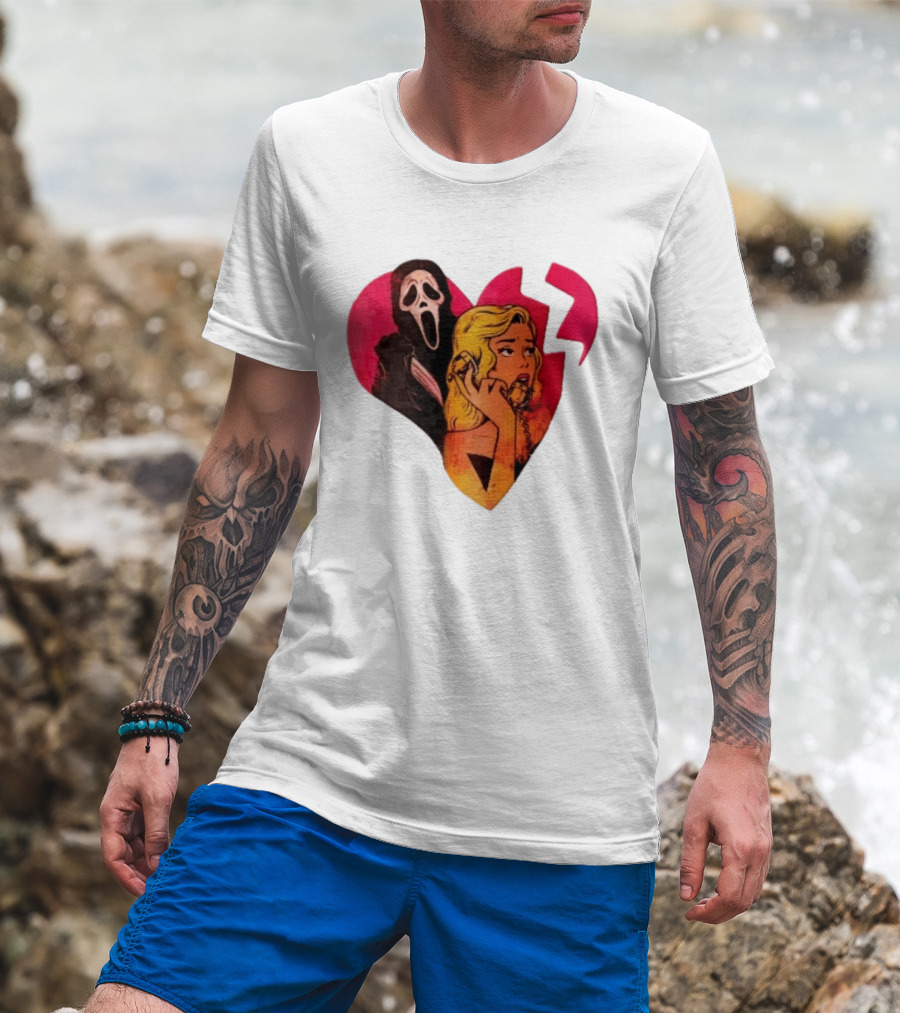 Cartoon Blonde Woman Ghostface Broken Pink Heart Knife Phone T-Shirt