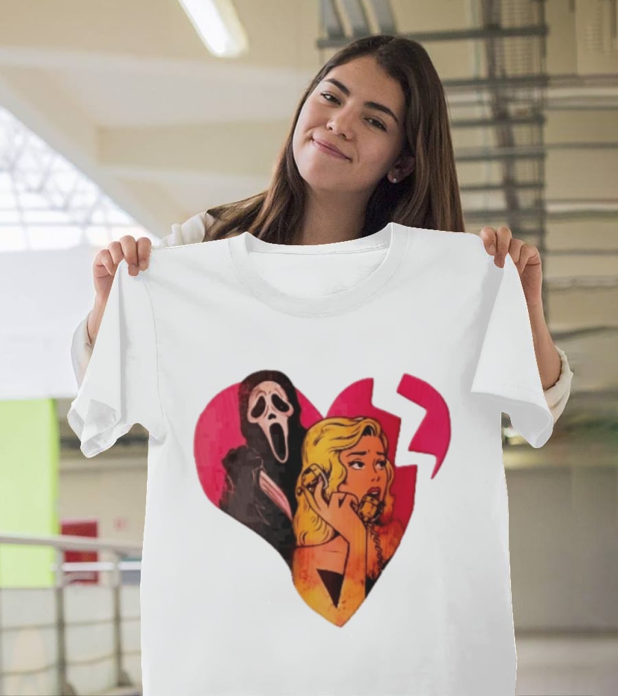 Cartoon Blonde Woman Ghostface Broken Pink Heart Knife Phone T-Shirt