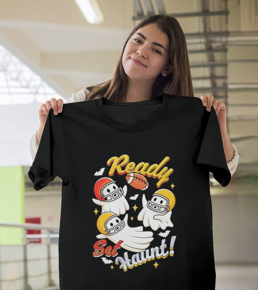 Ready Set Haunt Ghosts Football Helmet Halloween T-Shirt