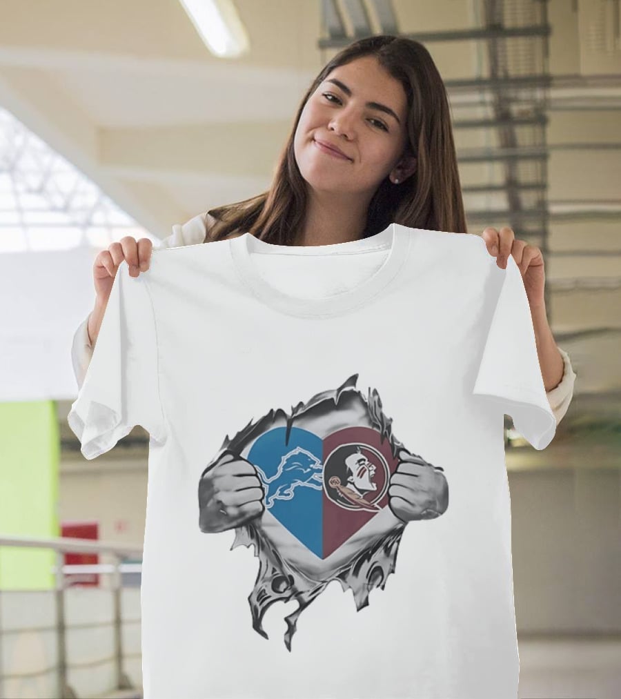 Detroit Lions Florida State Seminoles Heart Combined Fan Spirit T-Shirt