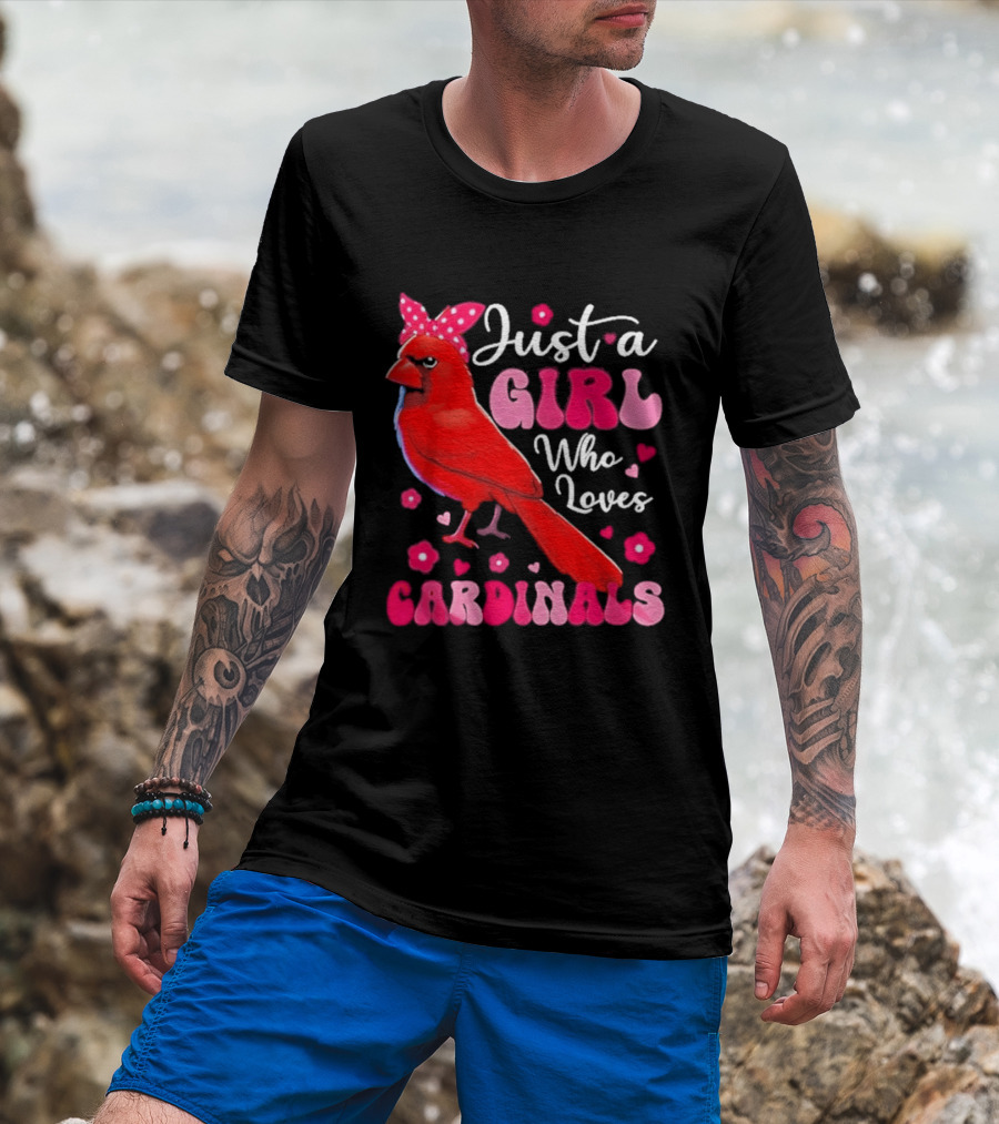 Just A Girl Who Loves Cardinals Cardinal Bird Cute Bow Pink Flowers Hearts T-Shirt