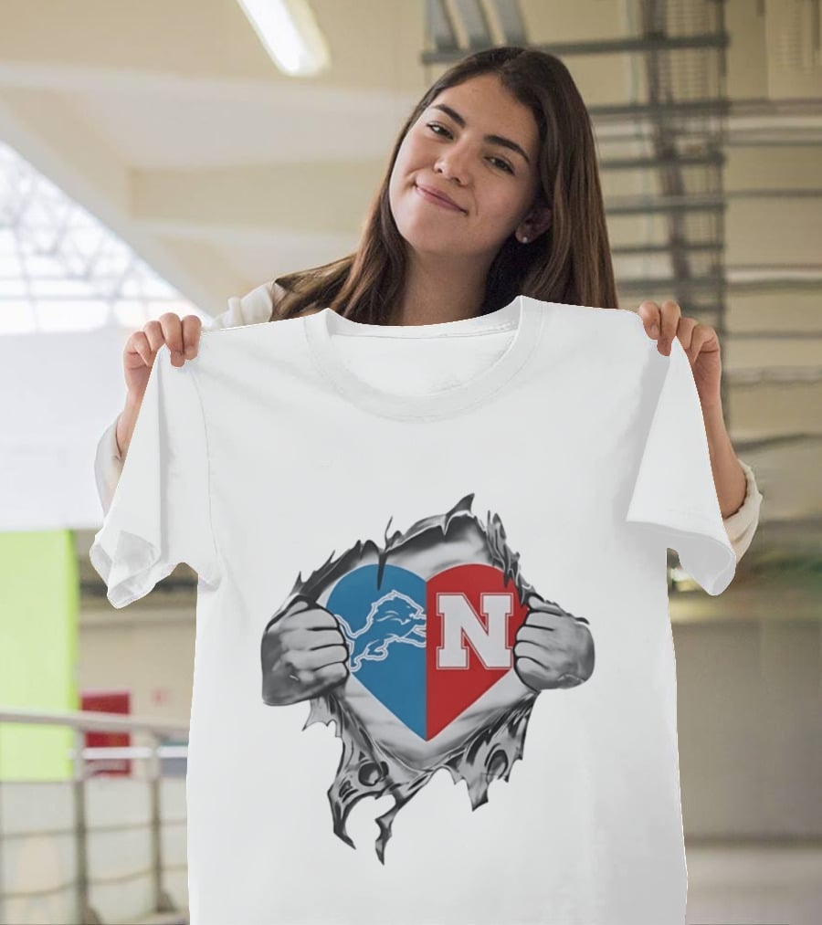 Detroit Lions Nebraska Cornhuskers Heart Logo Fan T-Shirt