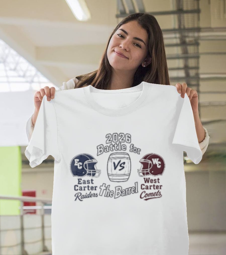 2026 Battle For The Barrel East Carter Raiders Vs West Carter Comets Football Helmets T-Shirt