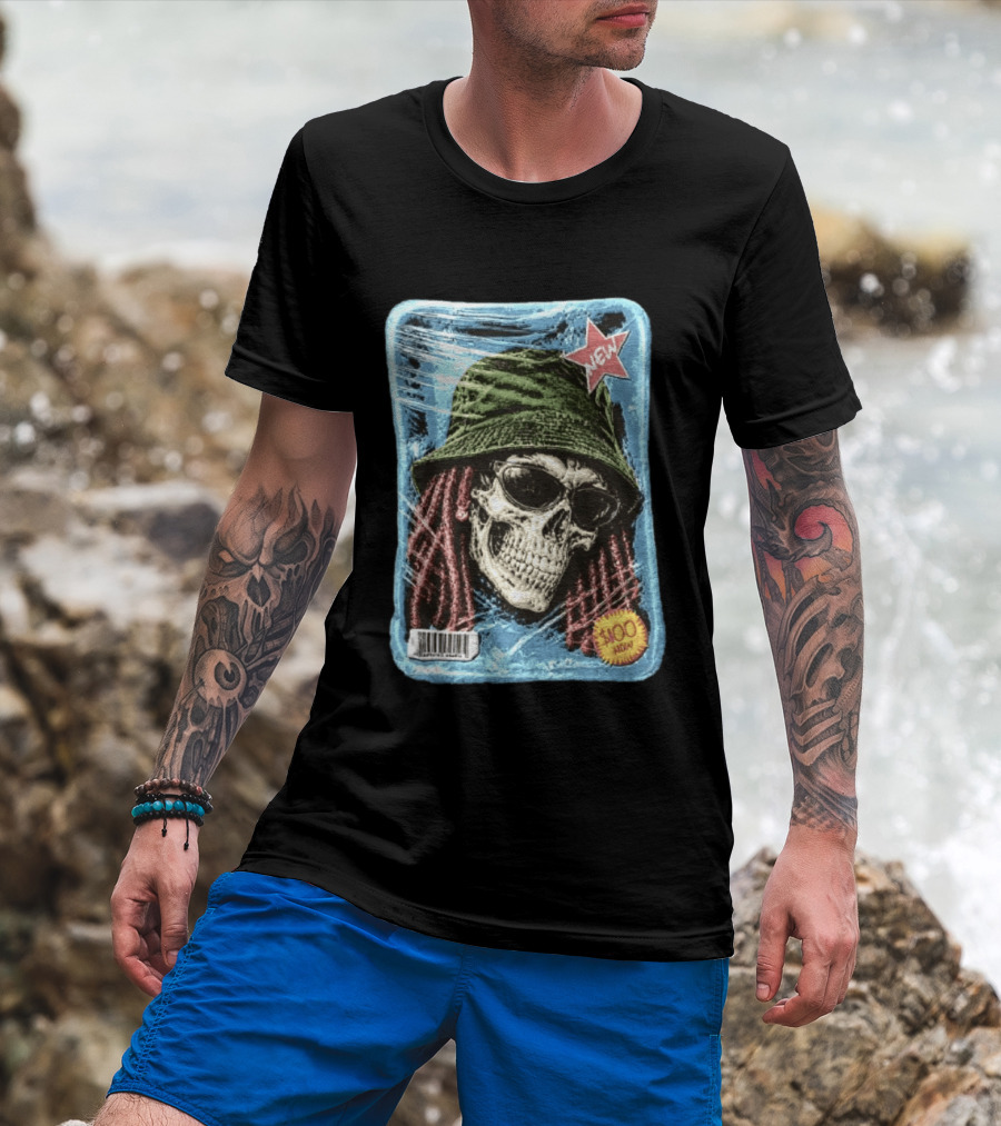 Skull With Dreadlocks Wearing Green Bucket Hat Sunglasses New Star Label T-Shirt