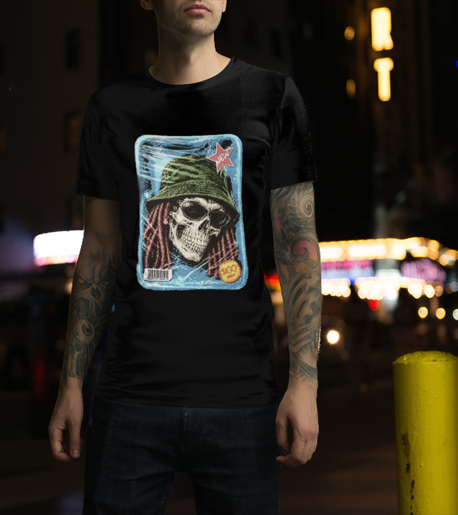 Skull With Dreadlocks Wearing Green Bucket Hat Sunglasses New Star Label T-Shirt