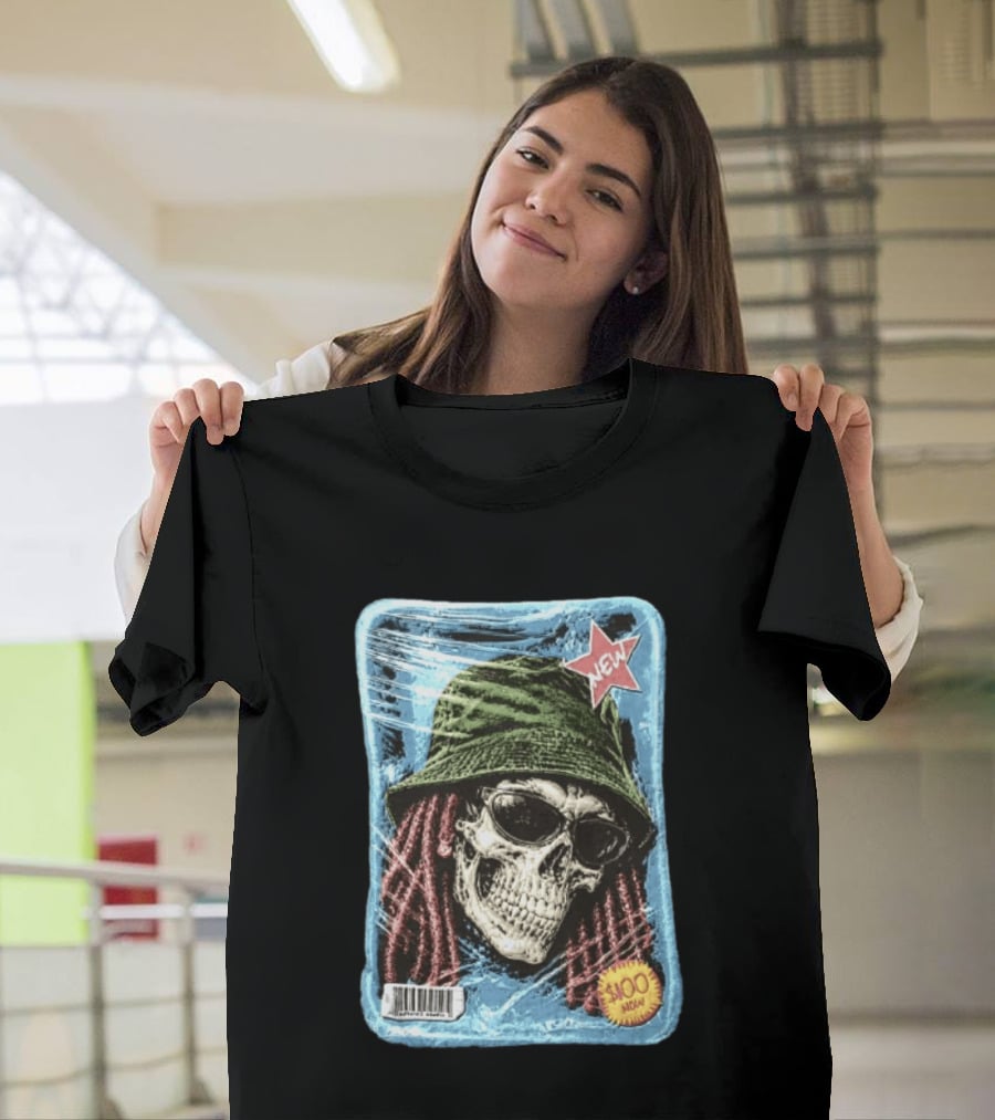 Skull With Dreadlocks Wearing Green Bucket Hat Sunglasses New Star Label T-Shirt