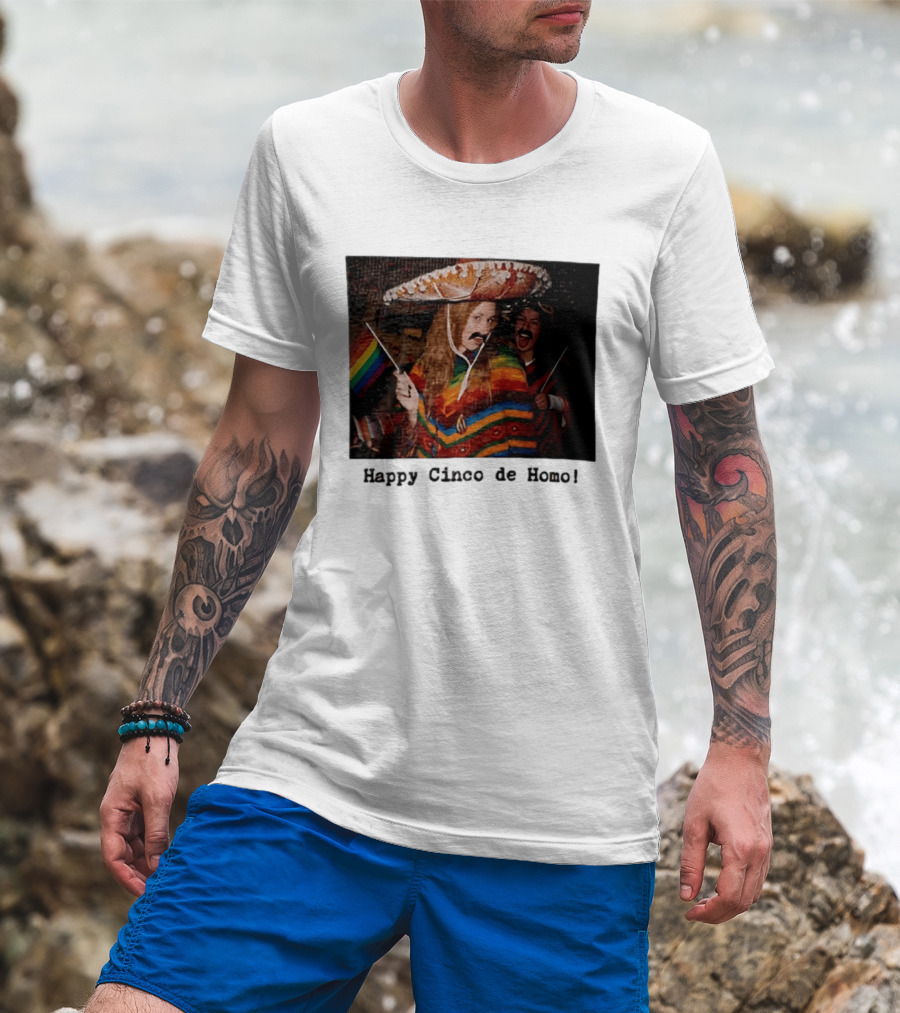 Happy Cinco De Homo Rainbow Poncho Sombrero Pride Celebration T-Shirt