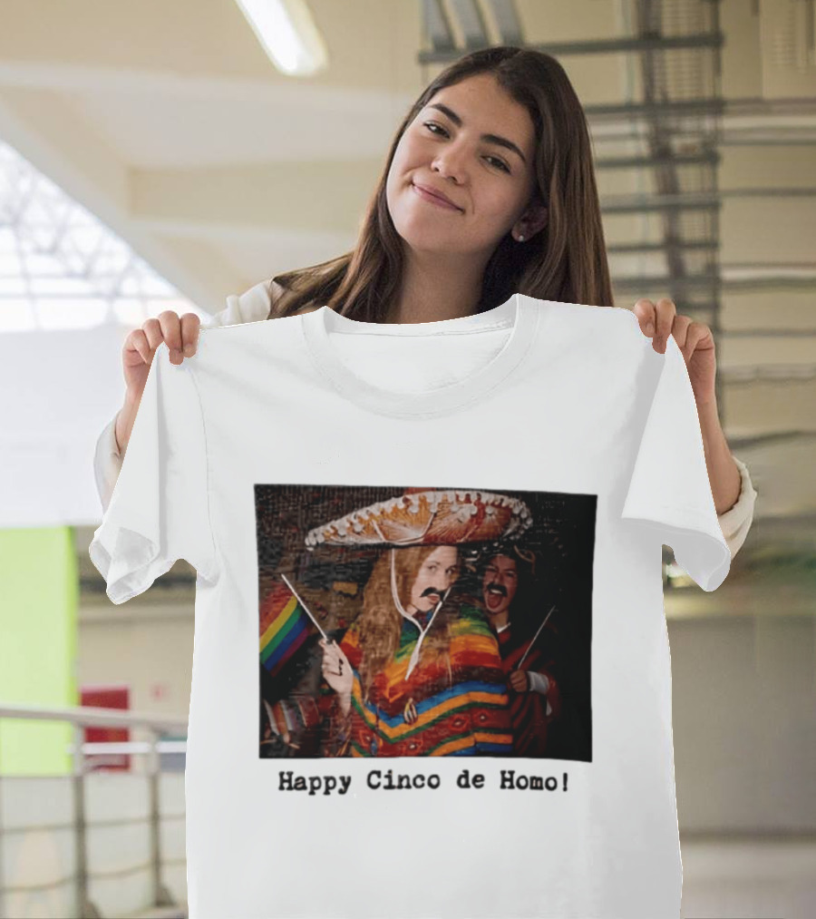 Happy Cinco De Homo Rainbow Poncho Sombrero Pride Celebration T-Shirt