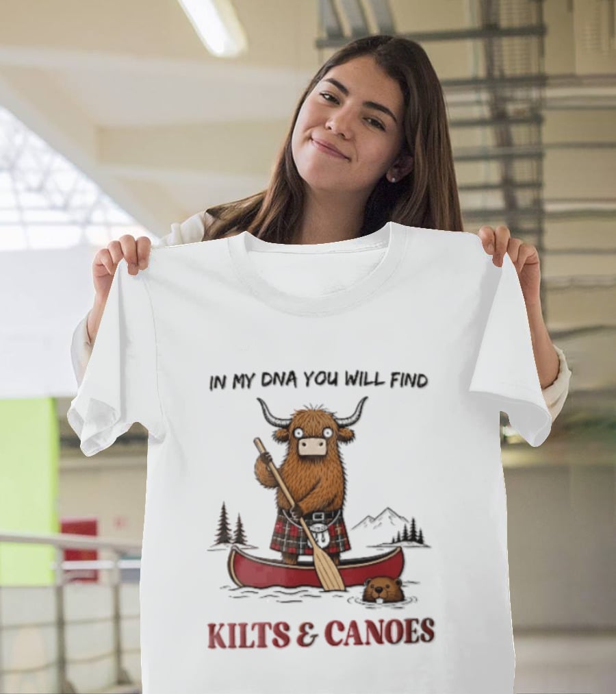 In My DNA You Will Find Kilts And Canoes Cartoon Highland Cow Paddling T-Shirt