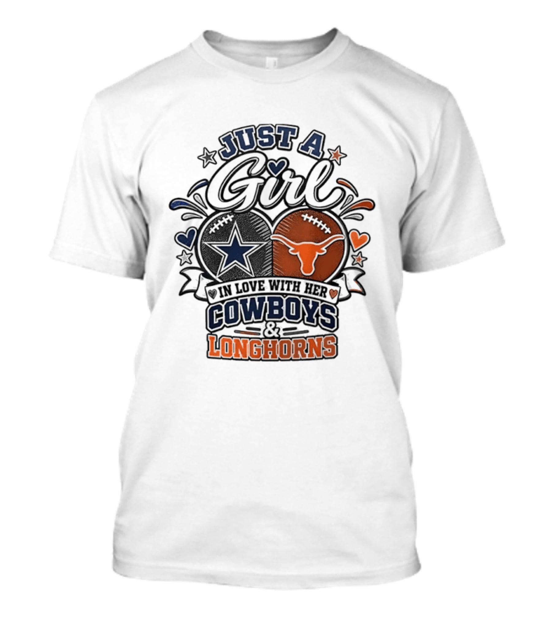 Just A Girl In Love With Her Cowboys And Longhorns Stars Hearts Footballs T-Shirt