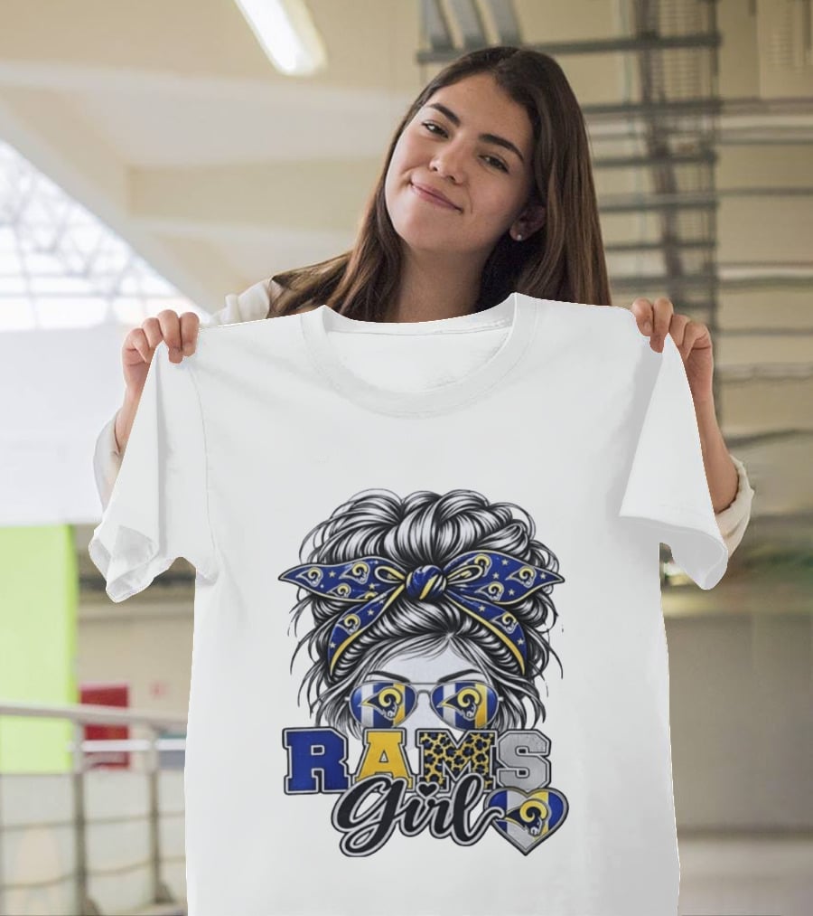 Rams Girl Messy Bun Bandana Sunglasses Fan T-Shirt