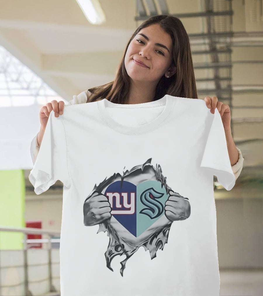 New York Giants Seattle Kraken Fan Heart Fusion T-Shirt