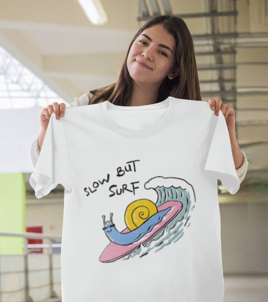 Slow But Surf Cartoon Blue Snail Riding Pink Surfboard Wave T-Shirt