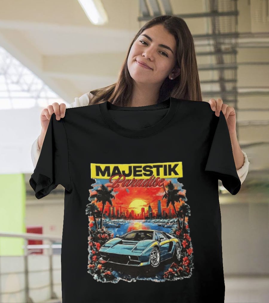 Majestik Paradise Lamborghini Countach Miami Skyline Sunset Beach City T-Shirt