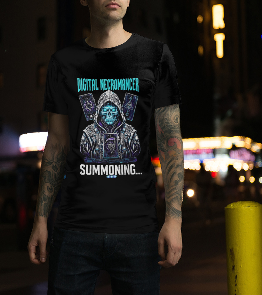Digital Necromancer Summoning Cyber Skull Tarot Cards T-Shirt