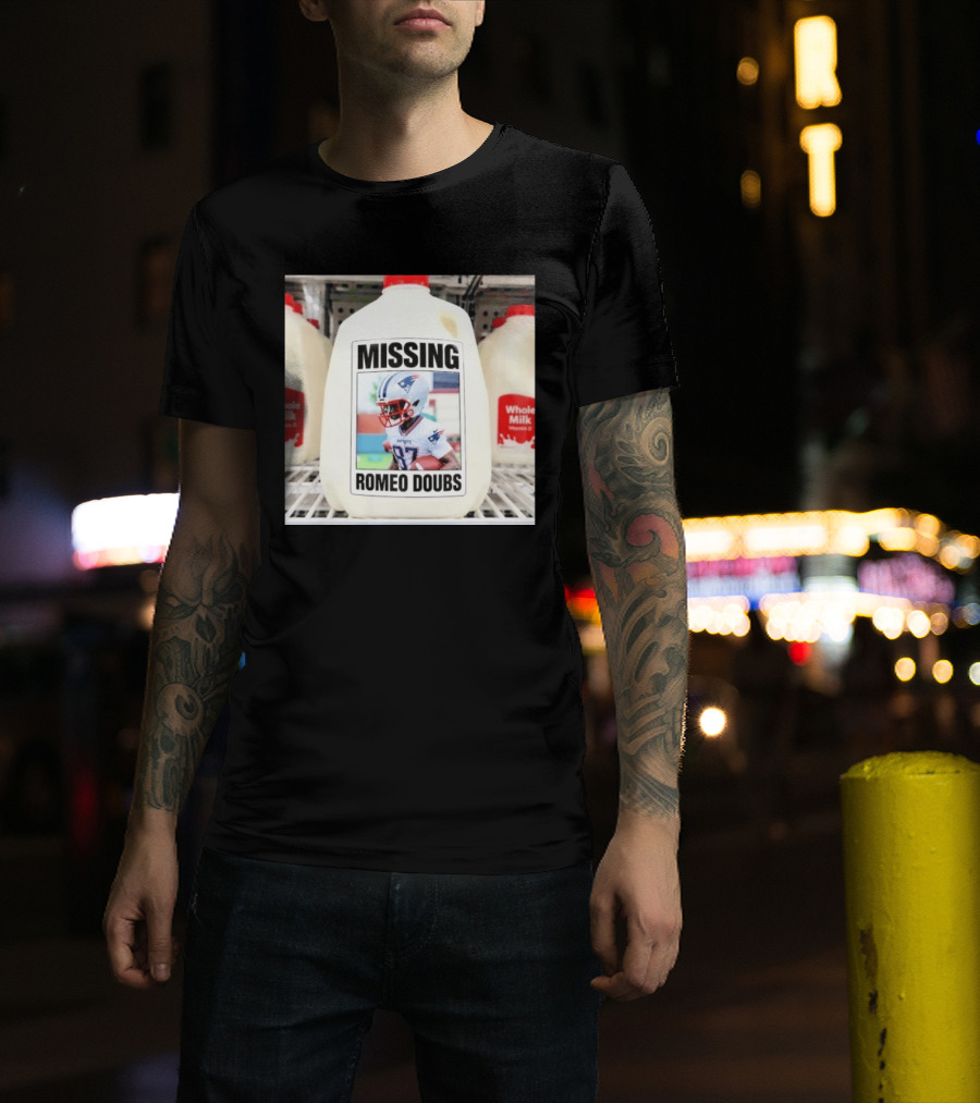 Missing Romeo Doubs Football Milk Carton With Patriots Helmet Image T-Shirt
