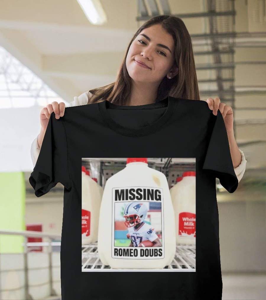 Missing Romeo Doubs Football Milk Carton With Patriots Helmet Image T-Shirt