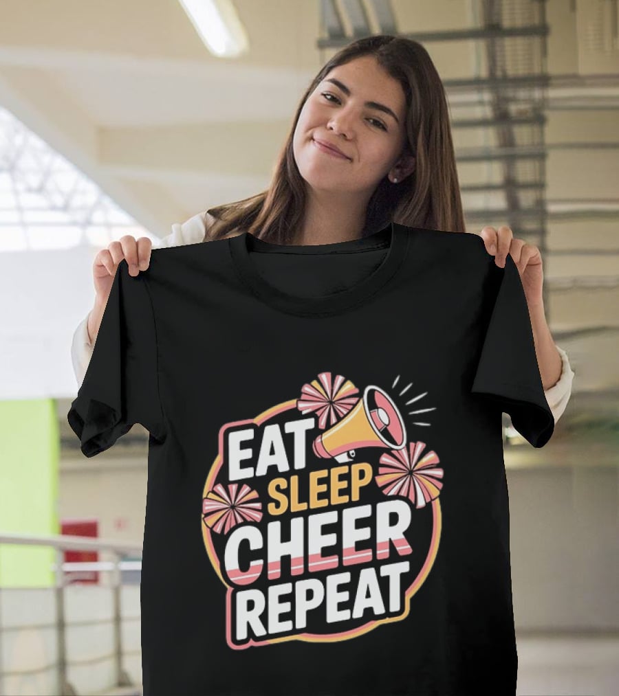Eat Sleep Cheer Repeat Megaphone Pom Poms Cheerleading T-Shirt
