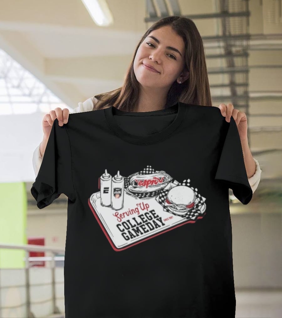 Espn Serving Up College Gameday Since 1987 Food Tray Hot Dog Burger Sketch T-Shirt