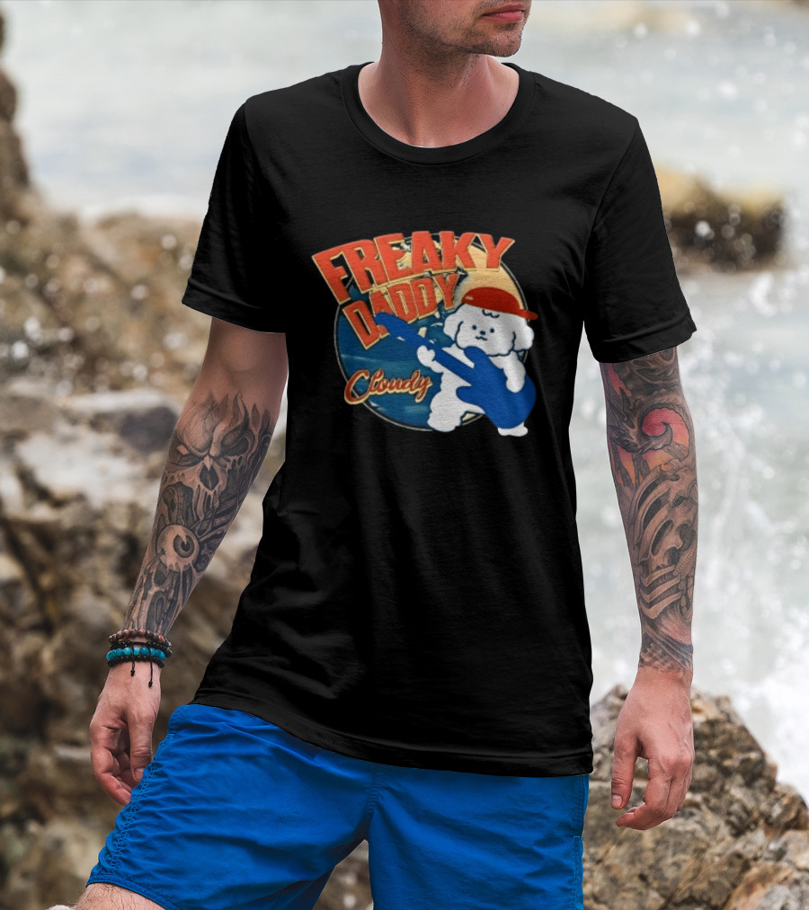Freaky Daddy Cloudy Cartoon Dog Red Cap Playing Guitar T-Shirt