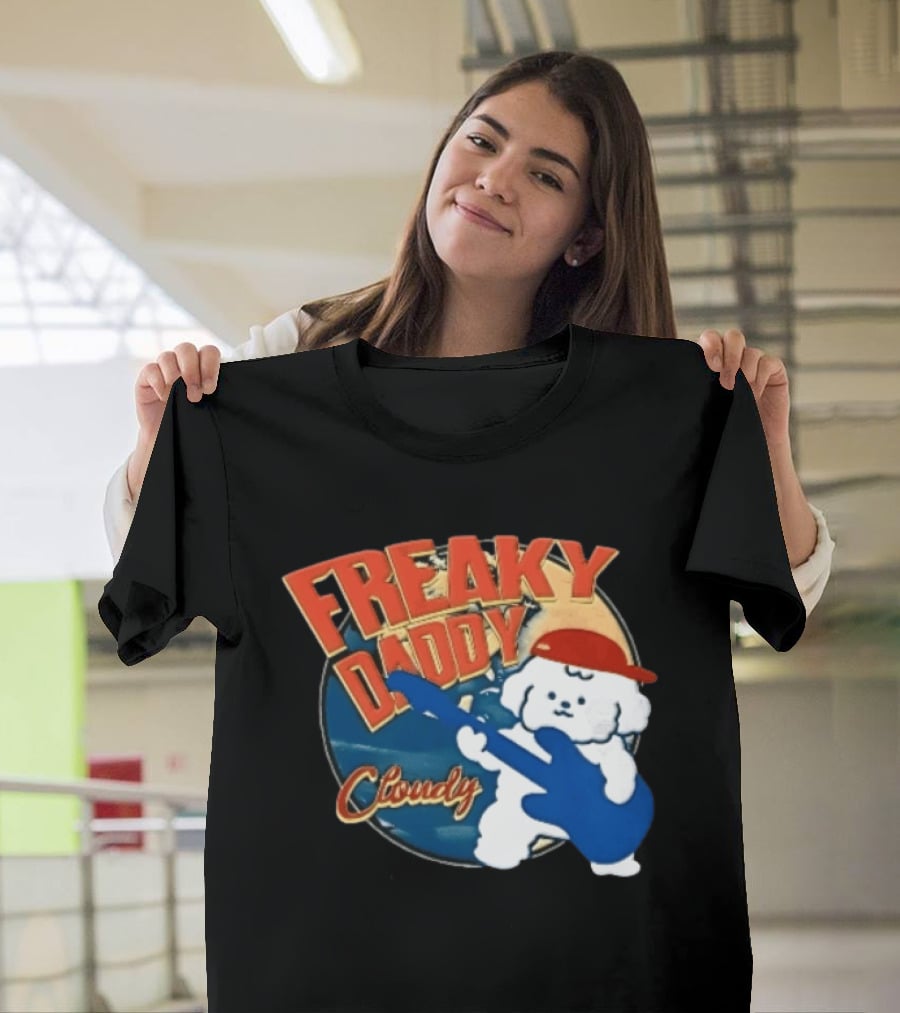 Freaky Daddy Cloudy Cartoon Dog Red Cap Playing Guitar T-Shirt