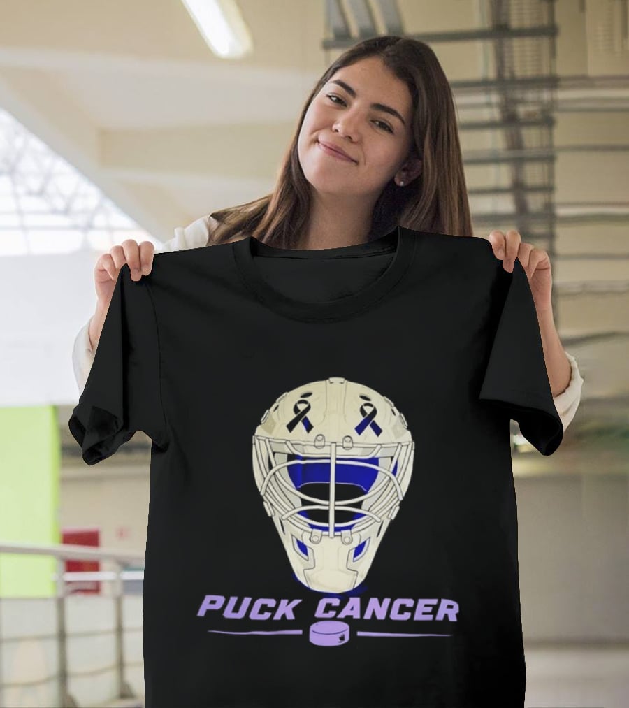 Puck Cancer Hockey Goalie Mask Awareness Purple Ribbon T-Shirt