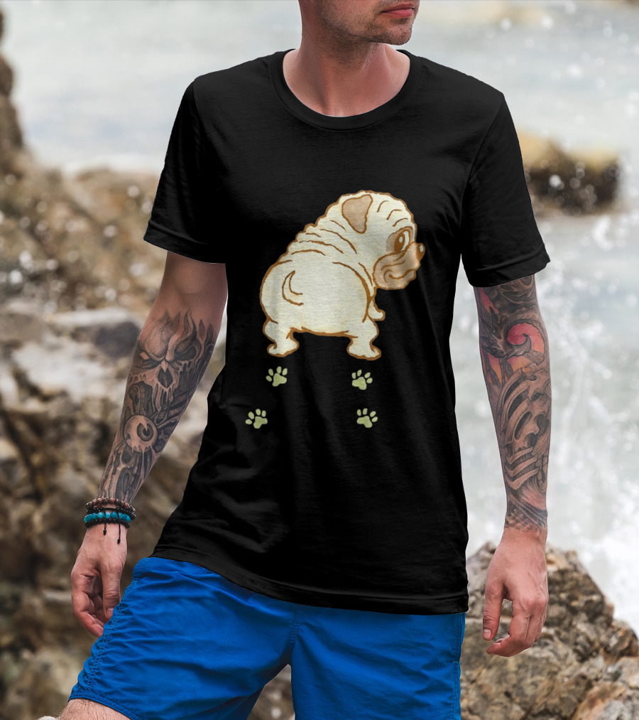 Pug Looking Back With Paw Prints Dog Cute Canine T-Shirt