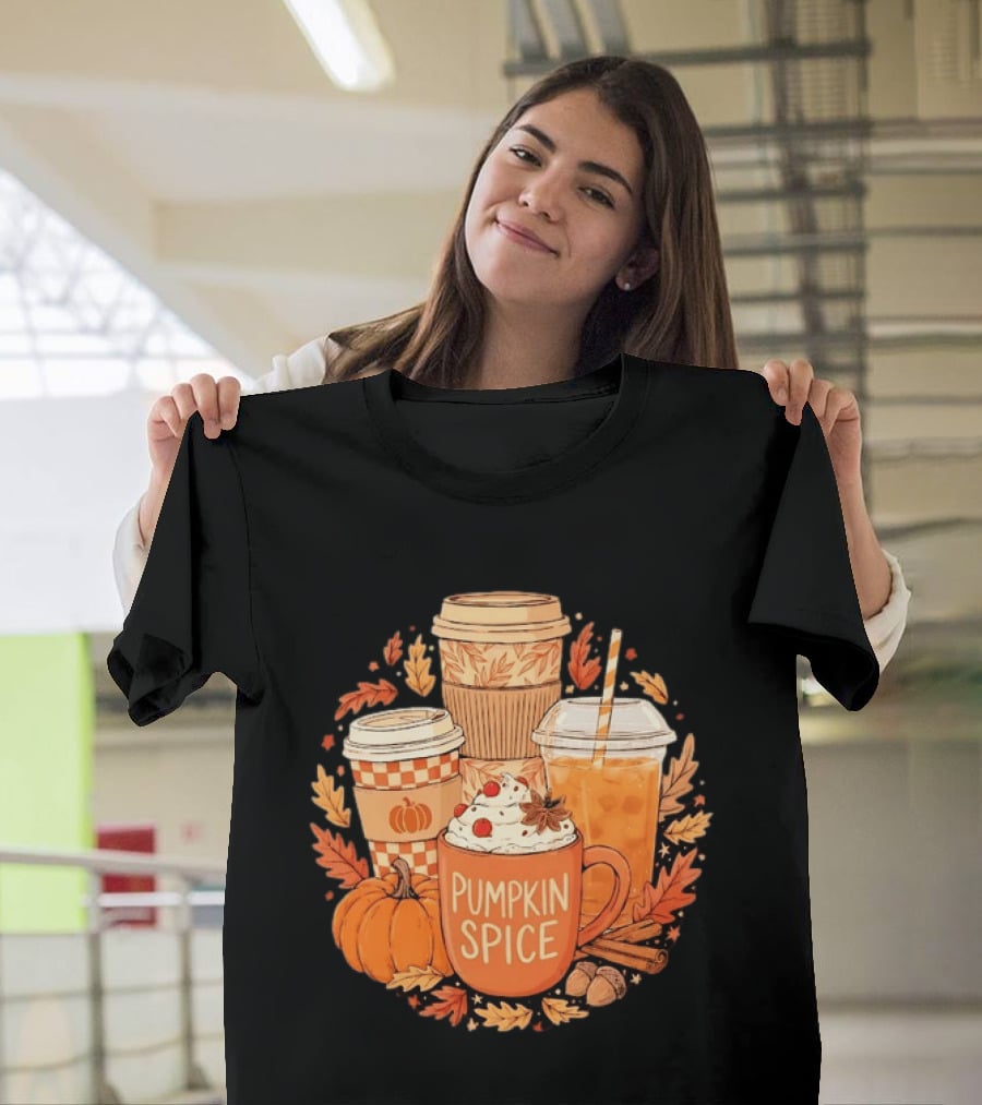 Pumpkin Spice Fall Coffee Drinks Autumn Leaves Acorns Cinnamon Sticks T-Shirt