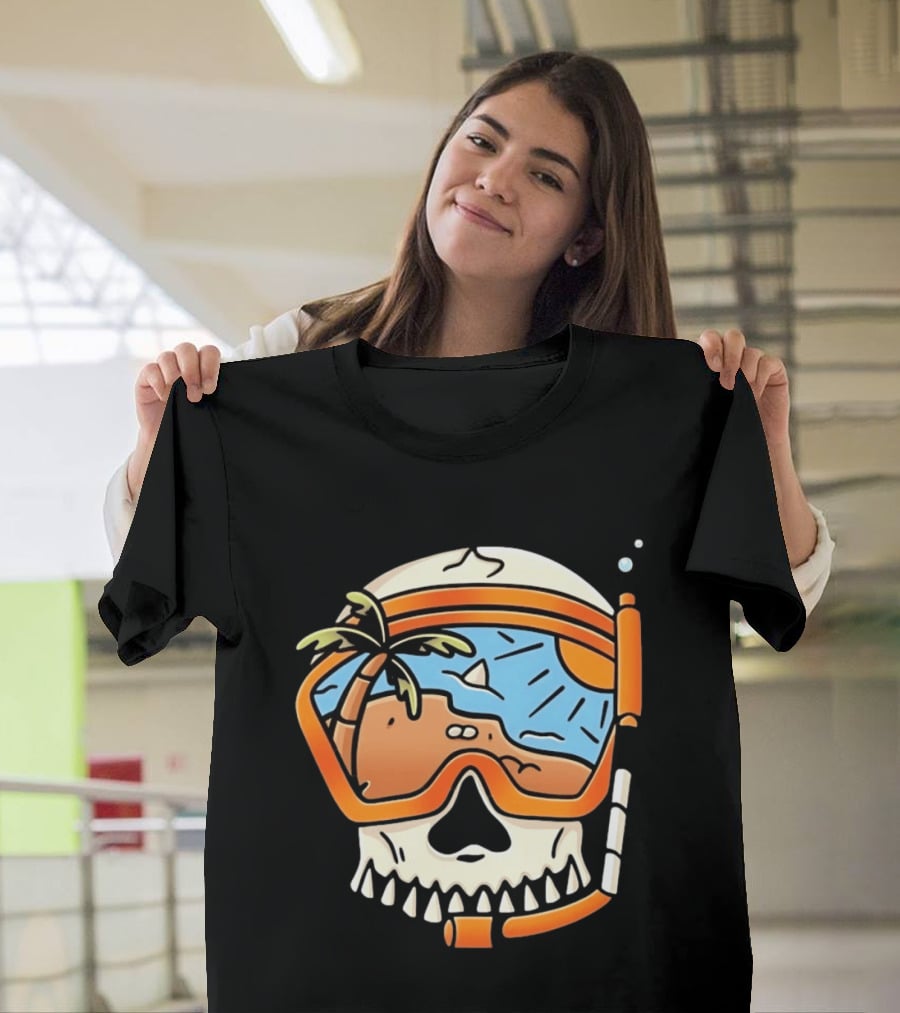 Skull Wearing Snorkel Mask With Tropical Beach Scene Palm Tree Sun T-Shirt