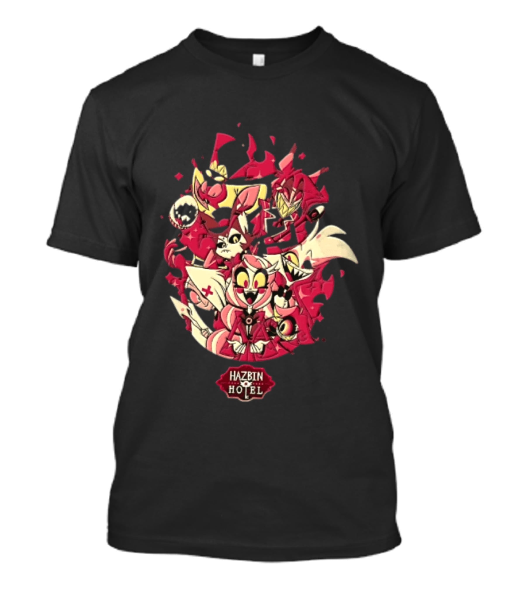 Hazbin Hotel Demon Characters Group Red Sparkles Cartoon Alastor Angel Dust Charlie Vaggie T-Shirt