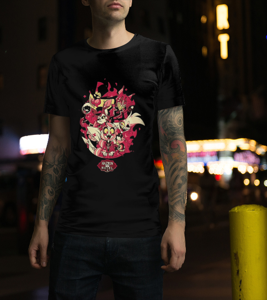 Hazbin Hotel Demon Characters Group Red Sparkles Cartoon Alastor Angel Dust Charlie Vaggie T-Shirt