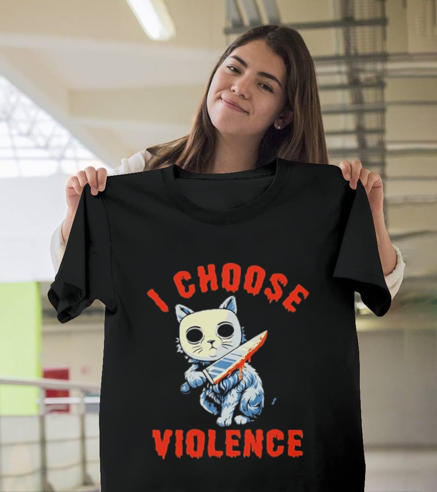 I Choose Violence Cat With Knife Horror Creepy Mask T-Shirt