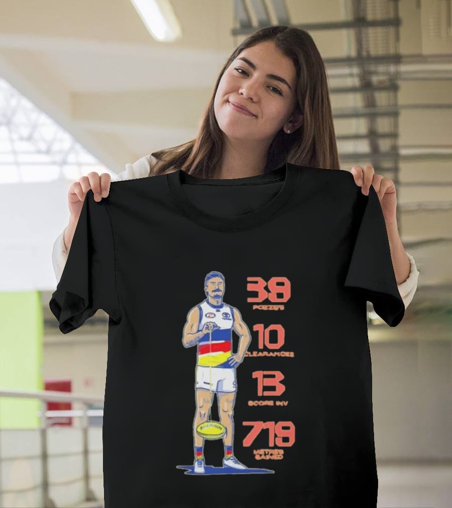 Izak Rankine Adelaide Crows 39 Pozzies 10 Clearances 13 Score Inv 719 Metres Gained AFL Sherrin Rugby Stats T-Shirt