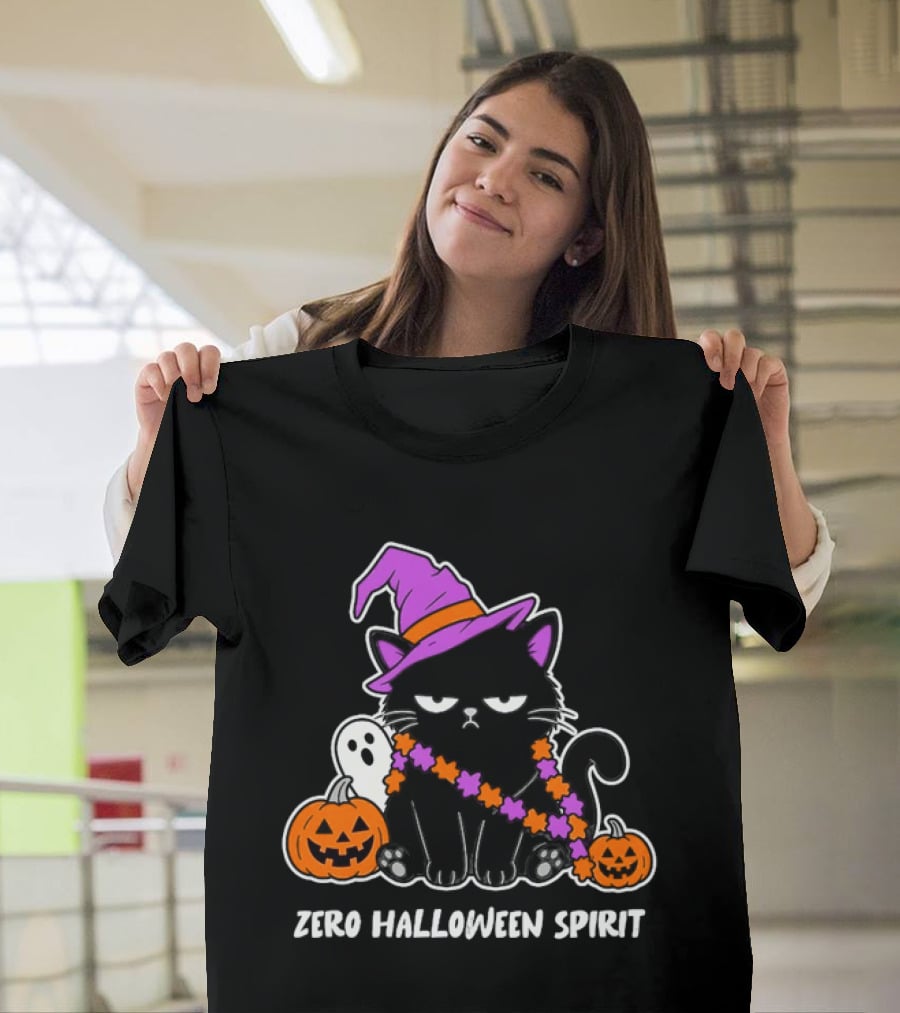 Zero Halloween Spirit Grumpy Black Cat With Pumpkin Ghost And Hat T-Shirt