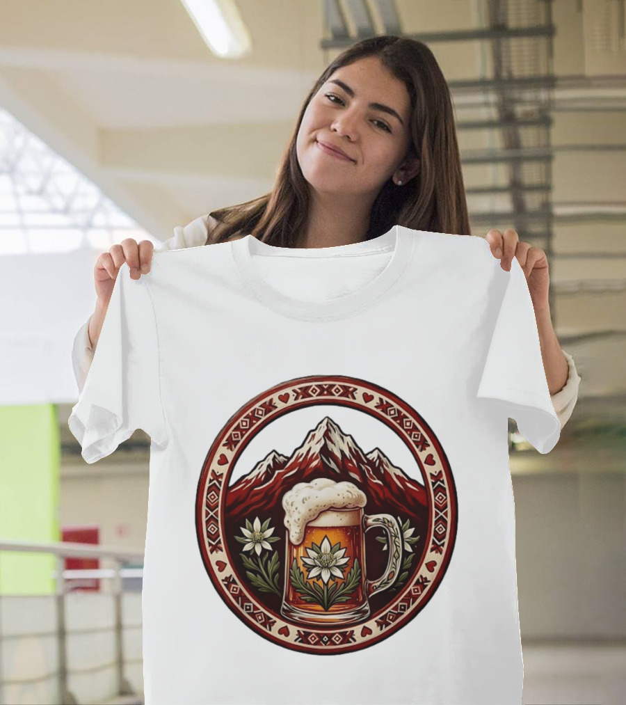 Alpine Beer Edelweiss Mountain Peaks Bavarian Heart Border T-Shirt