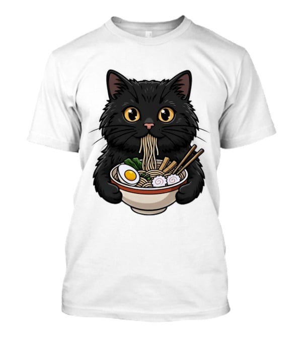 Black Cat Enjoying Ramen Noodles Anime T-Shirt