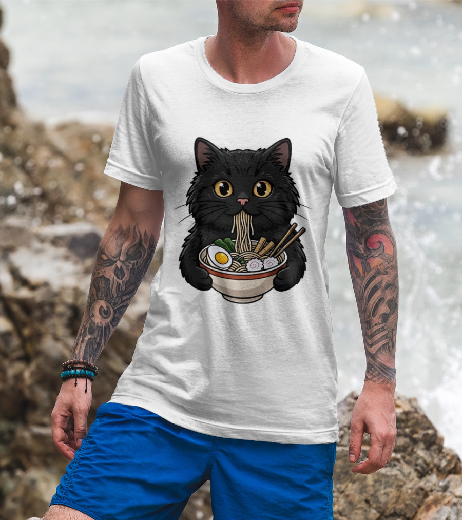 Black Cat Enjoying Ramen Noodles Anime T-Shirt