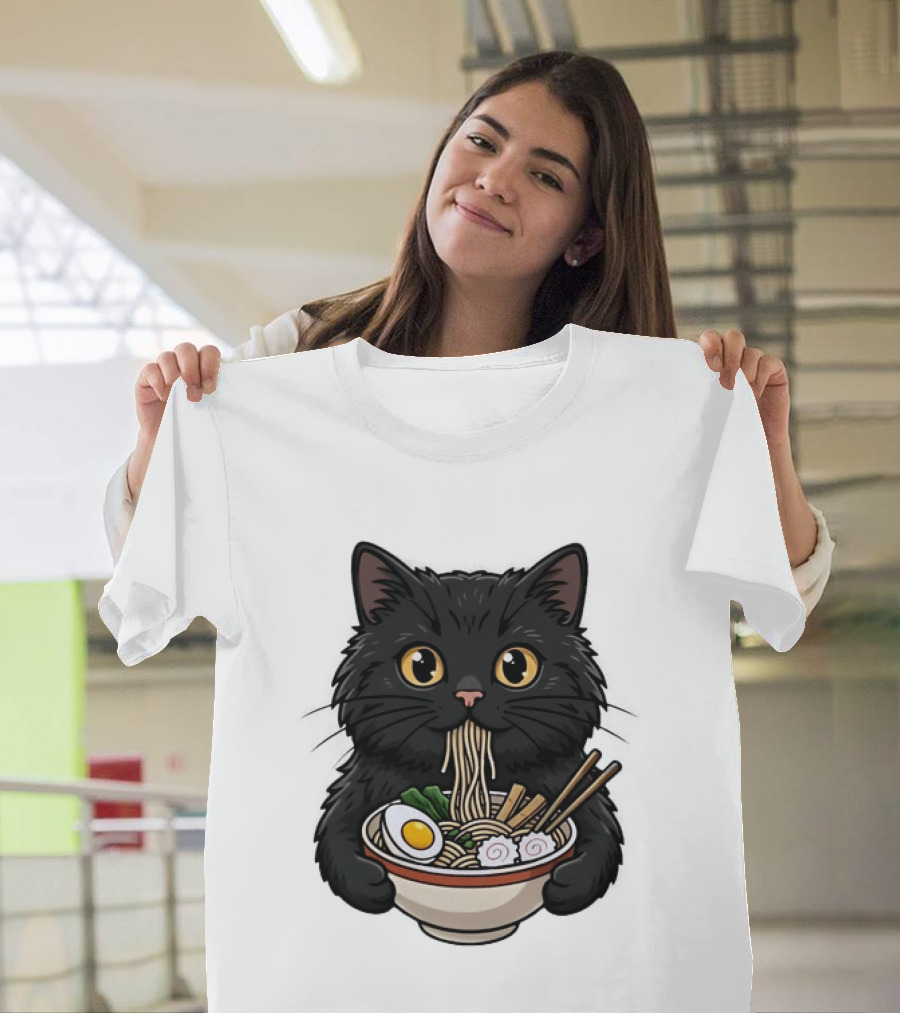 Black Cat Enjoying Ramen Noodles Anime T-Shirt