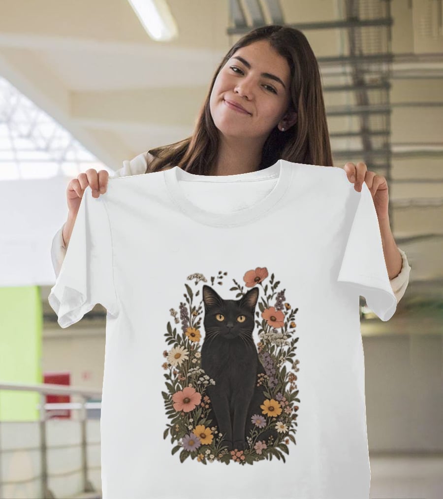 Black Cat In Blooming Garden Of Wildflowers T-Shirt