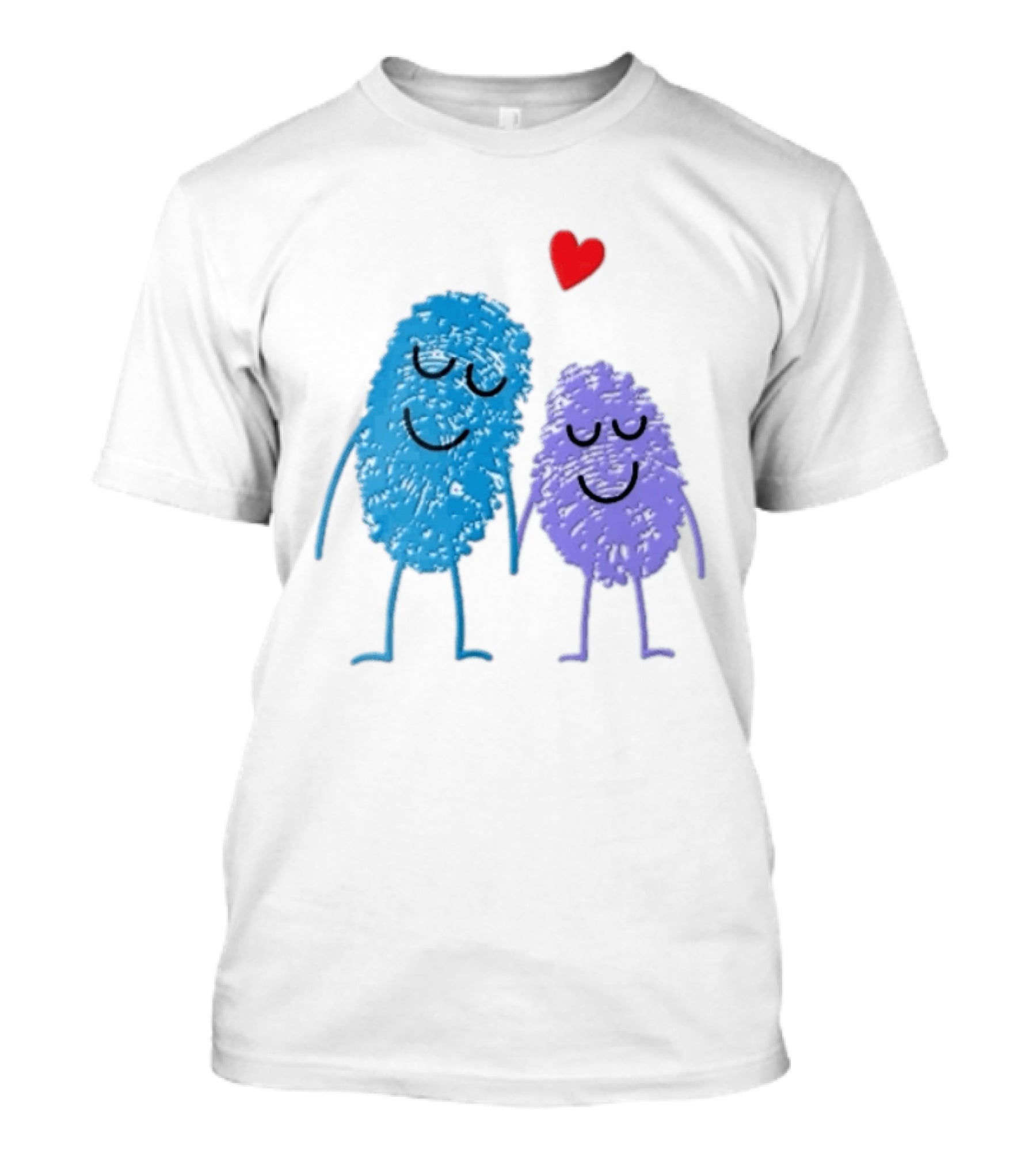Blue Purple Fingerprint Characters Holding Hands Red Heart Cartoon T-Shirt