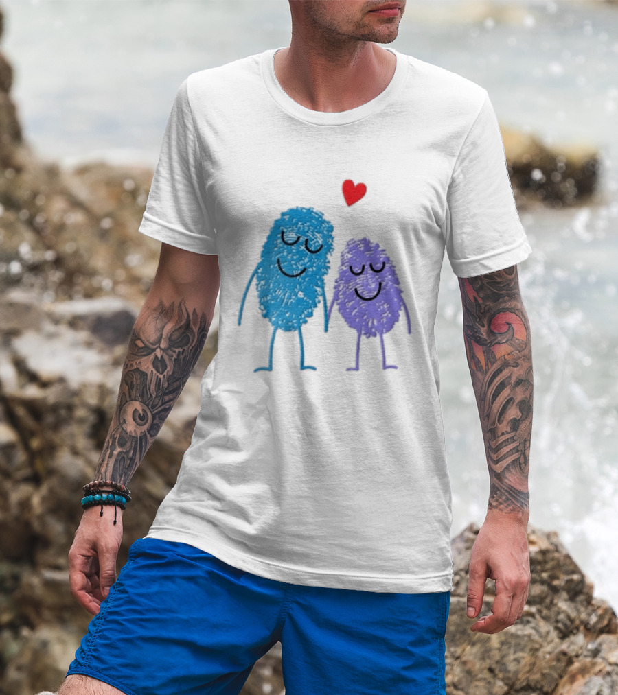 Blue Purple Fingerprint Characters Holding Hands Red Heart Cartoon T-Shirt