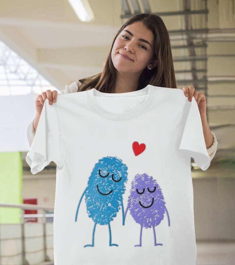 Blue Purple Fingerprint Characters Holding Hands Red Heart Cartoon T-Shirt